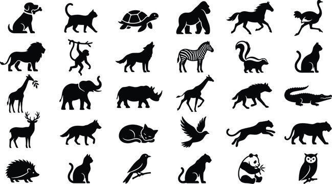 Wild Animal Silhouette Collection with Mammals Birds and Jungle Creatures in Black Vector Illustration Icon Style