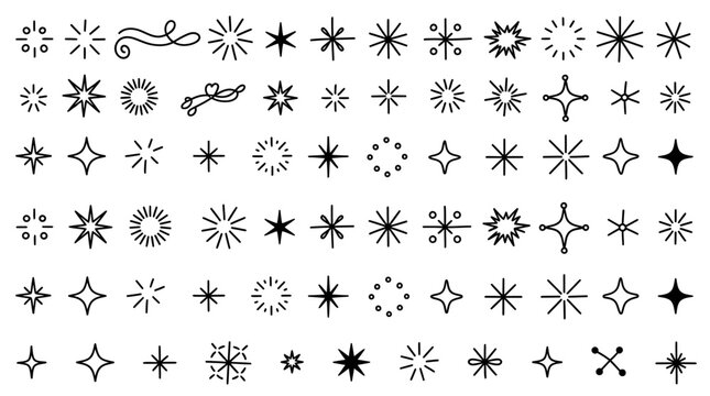 A collection of various black starburst shapes and designs on a white background