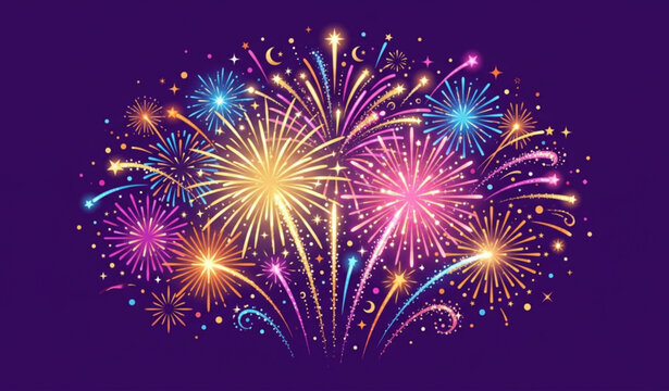 Exploding festival fireworks celebration set for Happy New Year and Diwali vector illustration isolated on purple background