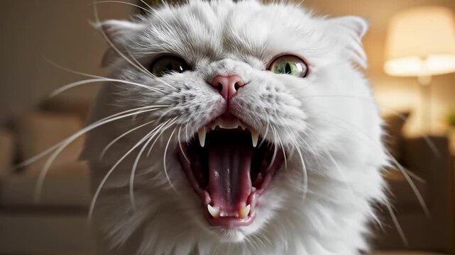 An intense, furious fluffy white Persian cat with bared teeth and wide-open mouth exhibits fierce aggression during a moment of extreme vocalization, showcasing its wild feline nature within
