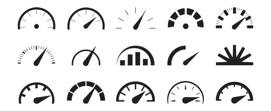 Speedometer and gauge icons set, vector symbols representing speed measurement, performance tracking and dashboard indicator technology concepts.