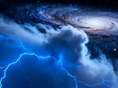 Cosmic storm with lightning and galaxy
