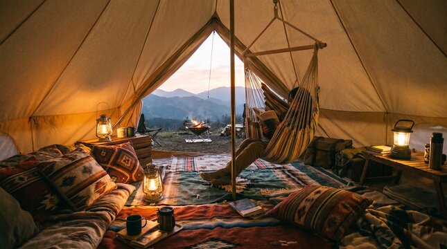 A cozy glamping tent with a hammock and a view of the mountains at sunset