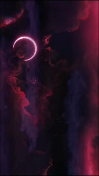 Crimson clouds swirl around a crescent of light, speckled with distant stars, creating a dramatic and otherworldly scene, like a cosmic dreamscape.