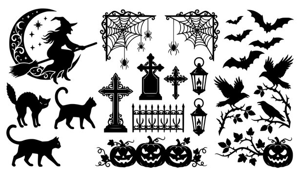 Spooky Halloween silhouette bundle with flying witch cat spiderweb and graveyard isolated vector elements