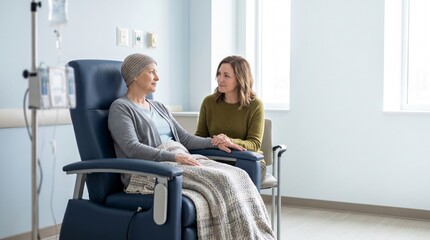 Obraz premium Senior Patient in Infusion Chair Talking with Visitor after Chemotherapy for Family Support Photo