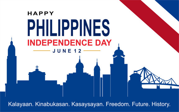 Modern Philippines Independence Day city skyline banner featuring iconic architecture silhouettes, patriotic ribbon accents, and clean minimalist flat illustration for June 12 celebration.