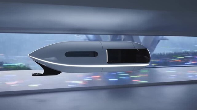 Tracking shot of futuristic passenger pod gliding through high speed transit tunnel with city skyline visible through windows