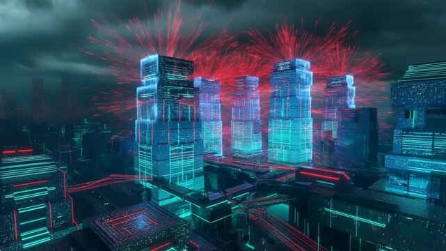 Tracking shot of futuristic skyscrapers emitting red energy bursts in cyberpunk city skyline under stormy clouds