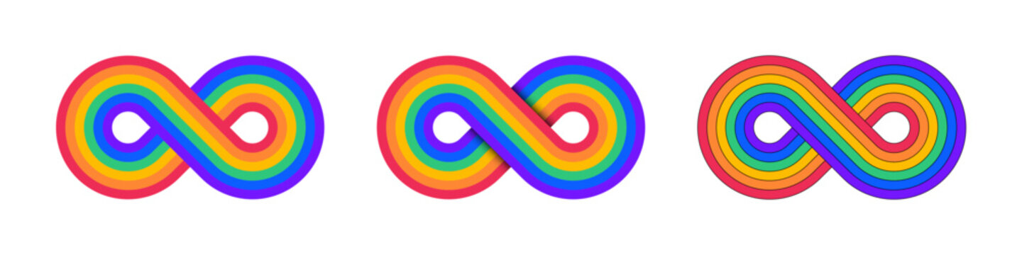 Pride Infinity Symbols with Rainbow Stripes. Infinity Symbol Vector Illustrations with Rainbow Pride Flag Colours for LGBTQ Gay Pride Month
