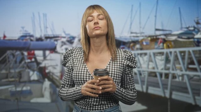 Blonde middle aged woman holding a takeaway coffee cup with hands clasped and eyes closed at a marina; calm reflection.