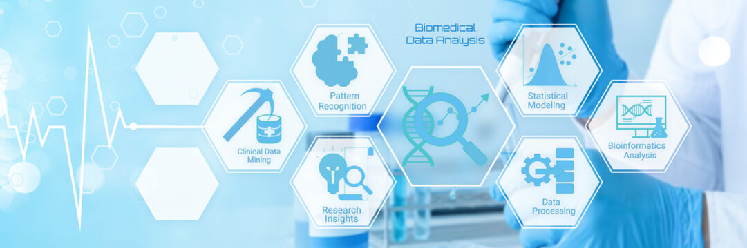 Professional conducting biomedical data analysis with advanced technology and healthcare insights visualization