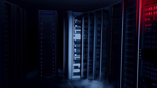 Tracking shot dolly through server racks opening to reveal glowing red equipment in dark data center aisle with fog and neon lighting