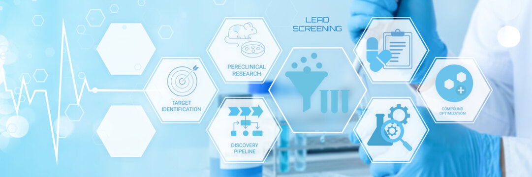 Scientific drug discovery process with digital interface and laboratory elements showcasing target identification preclinical research and compound screening