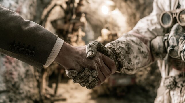 A platinum mining deal handshake between an executive and an underground mine worker, with a drill heading tunnel behind.