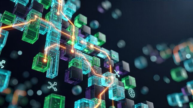 Premium abstract visualization of quantum computing and neural network data flow featuring glowing geometric structures and dynamic emerald and obsidian lighting for futuristic tech branding.