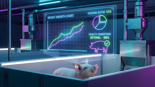 Holographic pig farming system tracking weight growth charts and feed ratios