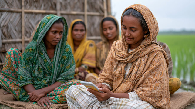 Women farmer empowerment mobile banking demonstration in rural Bangladesh, microfinance field officer showing agricultural loan repayment app to group of women seated on jute mats, paddy field visib