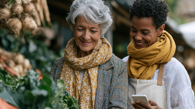 Retired grandmother in a vibrant farmers market selects leafy greens and root vegetables while a registered dietitian beside her taps nutritional data into a food-as-medicine tracking application, c