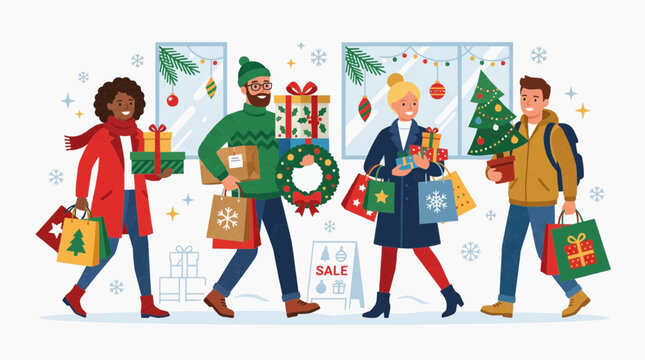 People are doing shopping on a joyful Christmas day, with gifts, holiday shopping concept