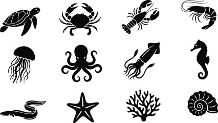 Marine life icon set featuring black silhouettes of sea creatures like turtle octopus and lobster for nautical branding © Partho