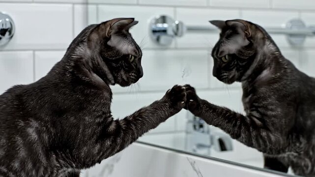 A sleek, dark-furred feline gazes intently at its reflection in a polished bathroom mirror, extending a paw towards its doppelganger in a moment of curious feline self-discovery