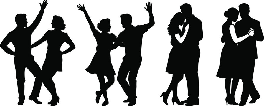 Silhouette collection of dancing couples in romantic and social dance poses isolated on white background vector set