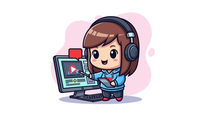 Chibi anime girl content creator wearing headphones and editing a video on a computer monitor, vector illustration of a cute YouTuber using editing software on a white background.