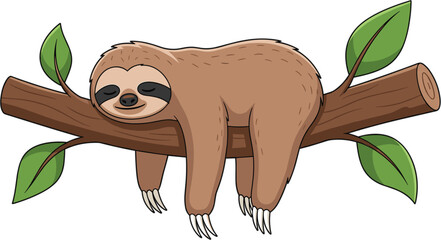 Fototapeta premium Cute sloth resting on tree branch featuring tropical wildlife animal cartoon vector illustration design