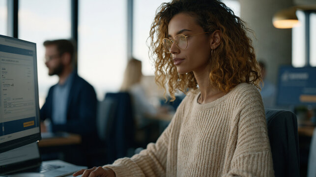 Freelance contract attorney reviewing legal subscription service billing interface in coworking space near floor-to-ceiling windows, other professionals working quietly at neighboring stations, cour
