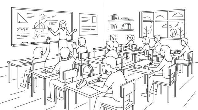 Classroom scene with a teacher explaining a math lesson to students in a school