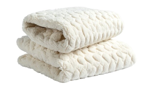 Two folded plush blankets in white with a textured design. They are stacked on top of each other, showcasing their softness and shape