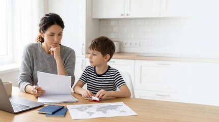 Fototapeta premium Mother Helping Child with Homework and Paperwork at Kitchen Table for Family Learning Photo