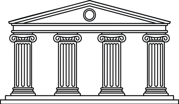 Classical greek temple facade with ionic columns and triangular pediment vector outline architectural heritage drawing.