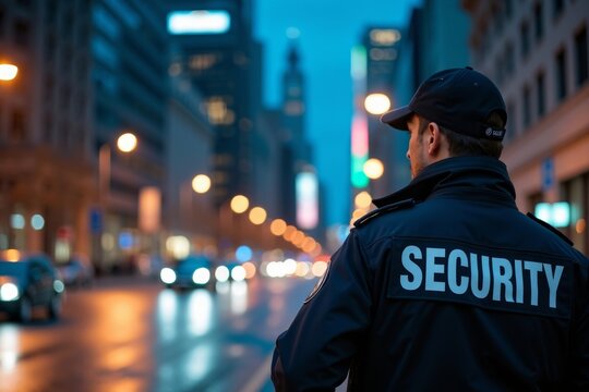 Security Guard Patrolling City Streets at Night with a Flashlight: A Panoramic View of Safety and Vigilance