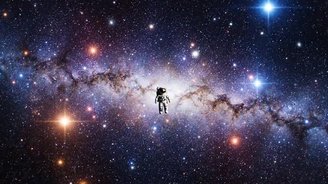 Astronaut floating in space near galaxy.