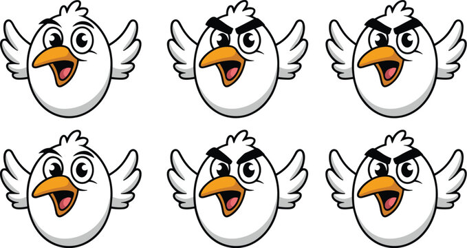 Cartoon Egg Bird Mascot Vector Set with Happy and Angry Facial Expressions Featuring Detailed Shading and Shorthand Wings for Creative Emoticon Sticker Designs