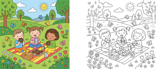 Obraz premium Children Having a Picnic with Donuts and Milk in a Sunny Park, Colorful Illustration and Black and White Line Art Coloring Page for Kids Activity