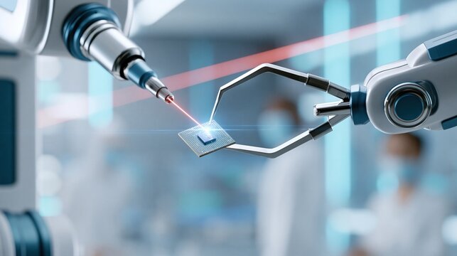 Industrial robotic arms with laser working on computer microchip held by gripper in clean modern science lab representing advanced semiconductor manufacturing technology