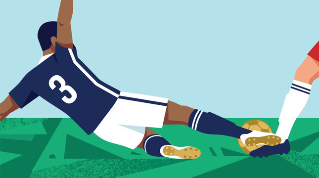 Professional soccer player sliding tackle action, football athlete defending ball on green pitch, flat vector illustration of competitive sports match