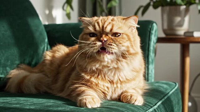 A fluffy ginger Persian cat with an amusingly grumpy expression sits regally on a plush emerald green velvet armchair, bathed in warm, dramatic sunlight streaming through a window