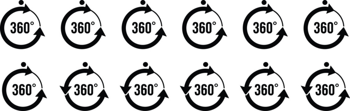 degree rotation icons set, circular arrow loop symbols, panoramic view indicator collection, black solid design, full circle navigation vector