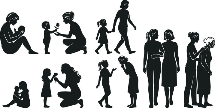 Generational women silhouettes motherhood family and aging life stages