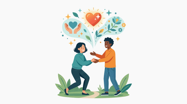 Two figures sharing a moment of connection and support, surrounded by symbols of love and growth