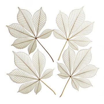 Four horse chestnut leaves arranged in a square pattern on a white background botanical illustration