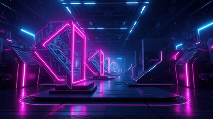 Fototapeta premium Futuristic interior. Neon lights illuminate complex geometric structures. Dark ambiance creates dramatic visual effect. Minimalist design.