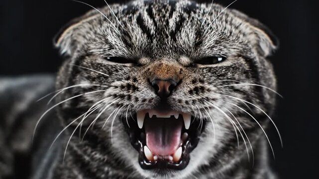 Capturing the raw ferocity of a Scottish Fold feline's aggressive snarling expression, showcasing its sharp teeth and intense gaze in a dramatic, shadowy tableau evoking primal animalistic