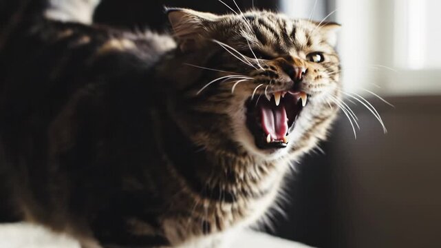A furious domestic tabby cat with open mouth, baring sharp teeth and projecting an intense expression of aggression, captured in a dynamic, dramatic portrayal of feline power and raw, untamed