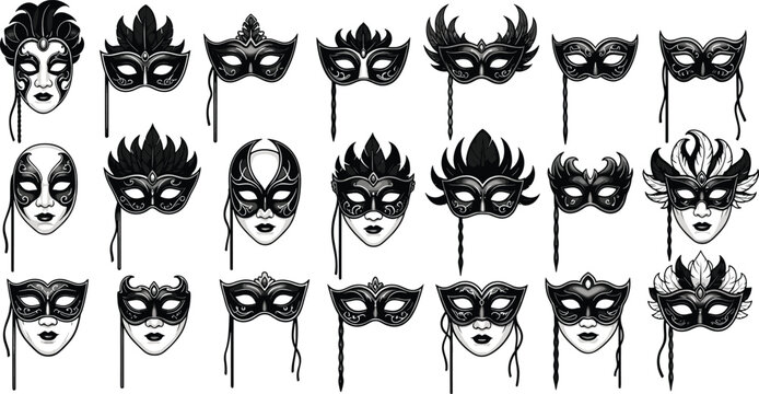 Elegant Venetian carnival masks collection, ornate masquerade face masks with feathers and decorative details, vintage festival costume design isolated vector set illustration