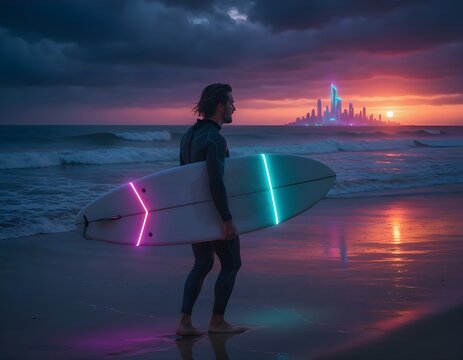 A surfer holding a surfboard with integrated LED lights walking towards the ocean at a dark